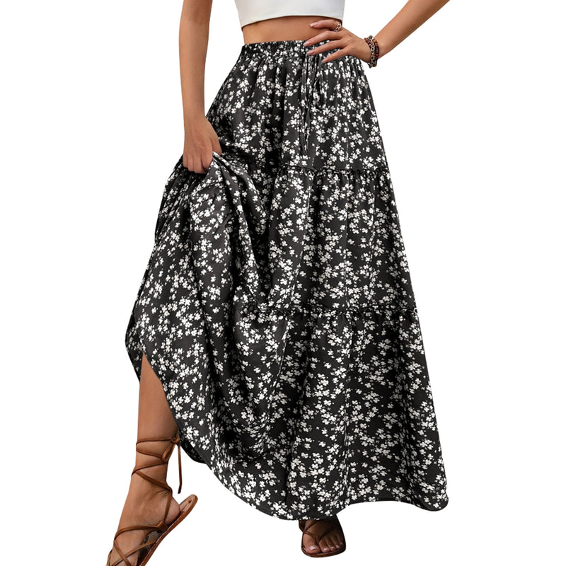 AUSDIOCA Maxi Skirts For Women High Waisted Elastic Long Floral Skirt Tiered A-Line Boho Dresses Casual(AS6002)