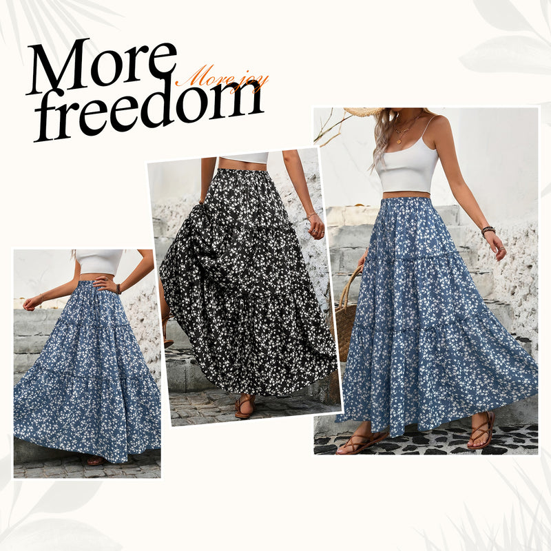 AUSDIOCA Maxi Skirts For Women High Waisted Elastic Long Floral Skirt Tiered A-Line Boho Dresses Casual(AS6002)