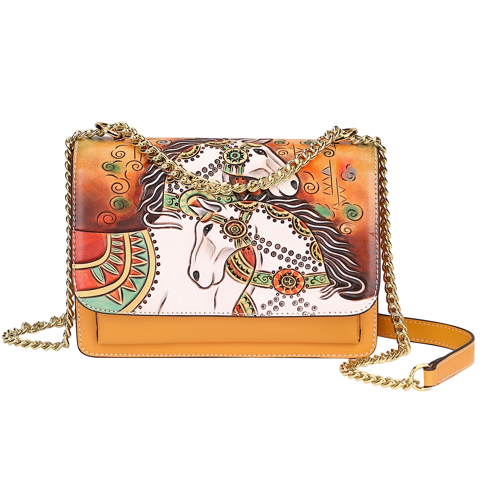 PIJUSHI Leather Crossbody Bag Women Hand Painted Purses Tooled Handbag